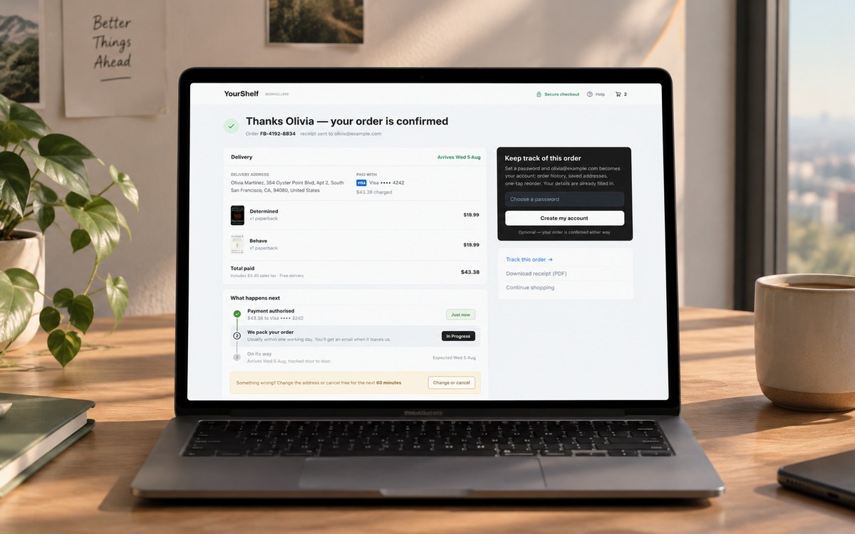 The YourShelf order confirmation screen on a laptop, on a sunlit desk beside a plant and a mug of coffee.