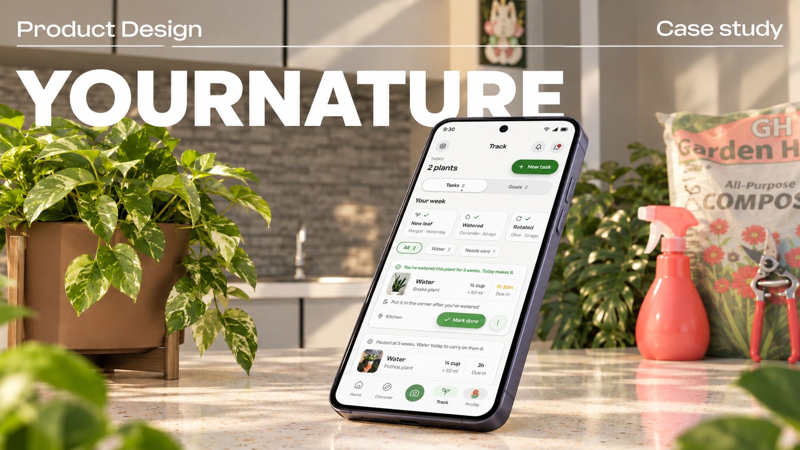 The YourNature cover. A phone showing the app's care screen on a kitchen counter beside a potted monstera.