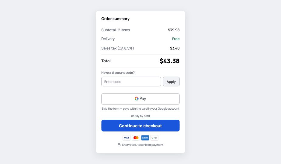 Cart summary with Google Pay above the Continue to checkout button