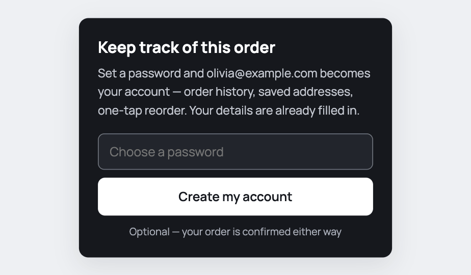 Confirmation screen offering an account after payment, email already filled in