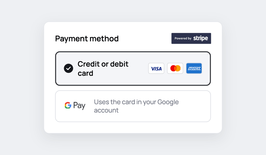 After: the Powered by Stripe badge sits in the Payment method header, directly above the card option