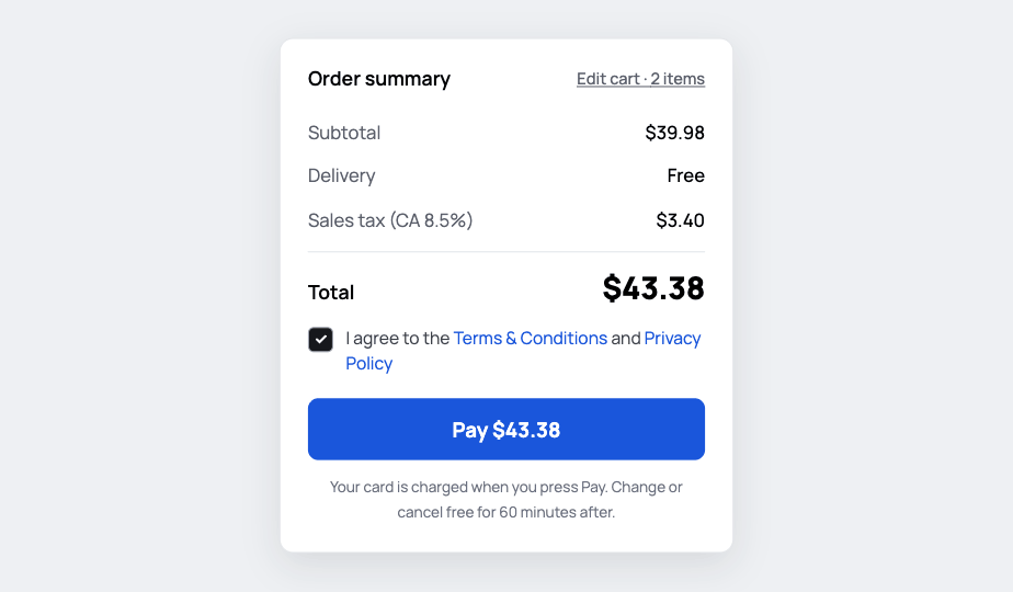 Order summary: Sales tax (CA 8.5%) $3.40, total $43.38, button Pay $43.38