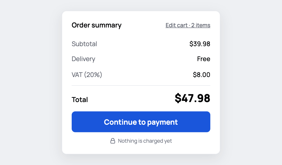 Same order to a UK address: VAT (20%) $8.00, total $47.98, still in USD