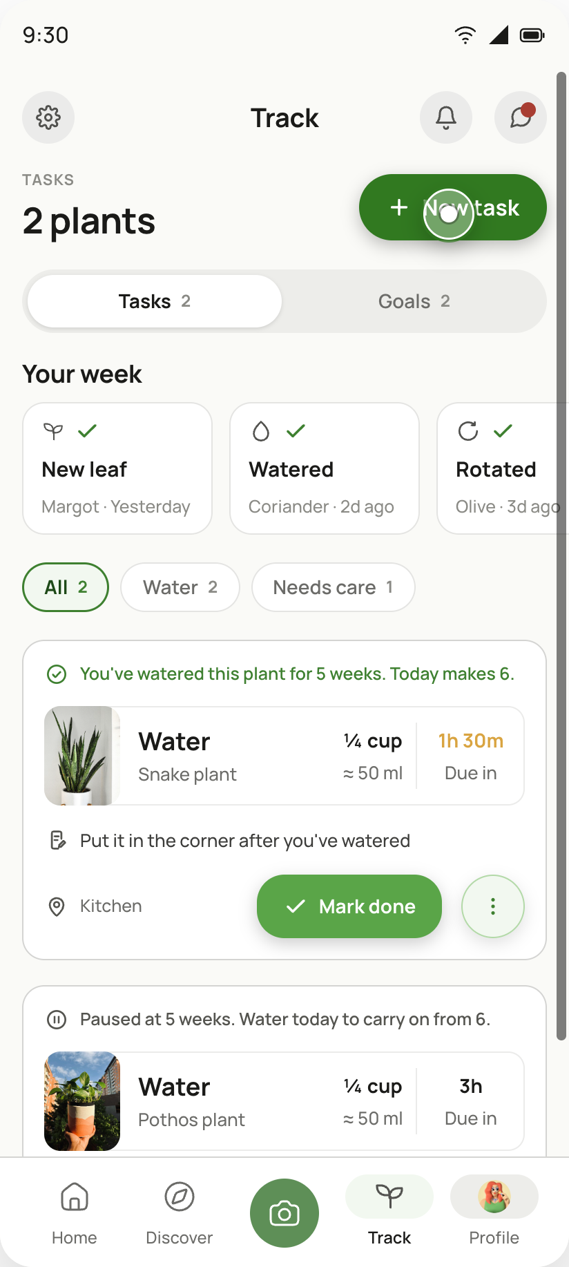 Track tab: tasks and shared goals in one list