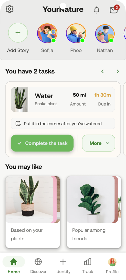 Earlier home screen: a stories row across the top, You have 2 tasks, the old task card, and a You may like row
