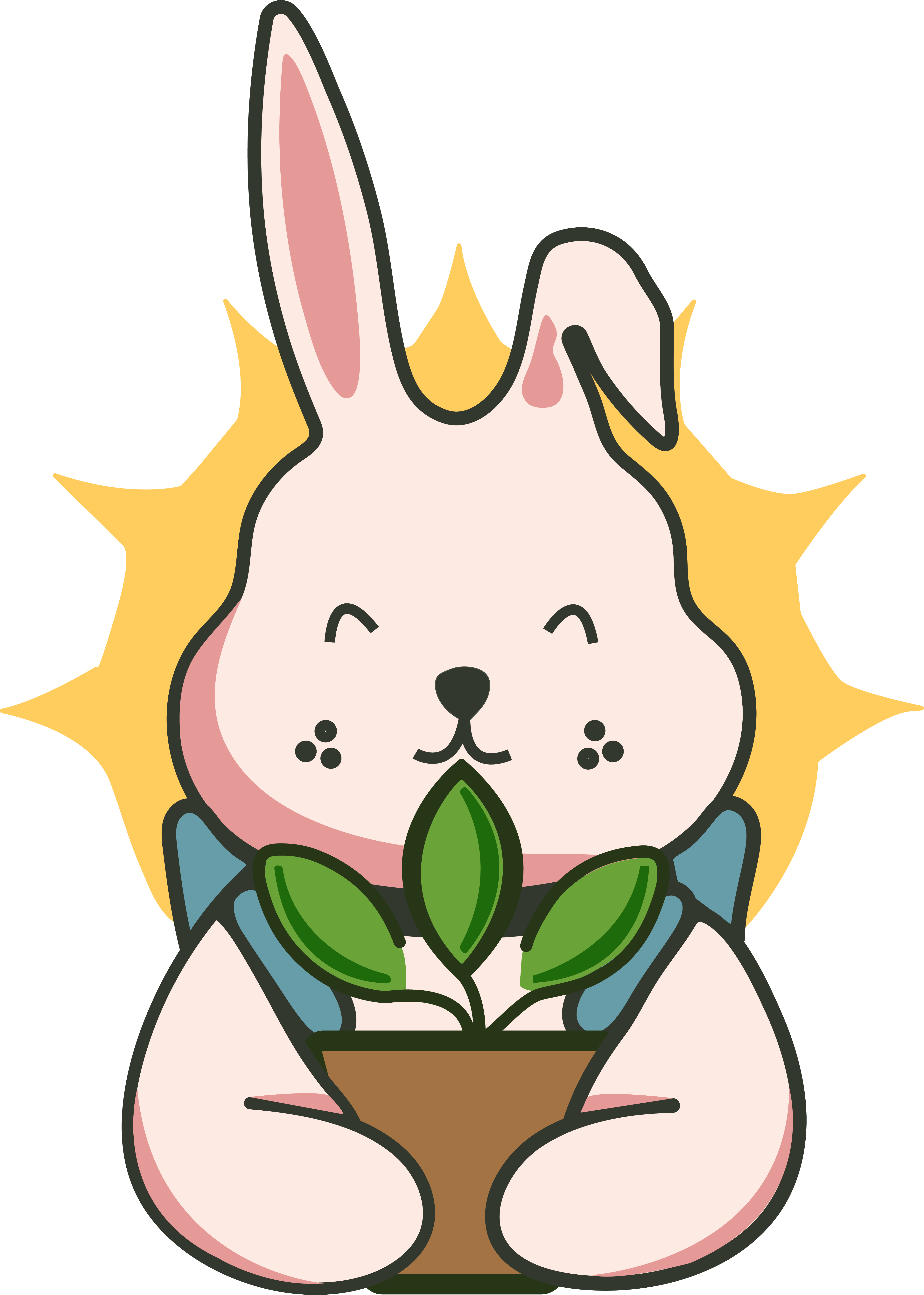 The YourNature mascot: a smiling pink rabbit with one floppy ear, hugging a brown pot with a green sprout, in front of a yellow sunburst