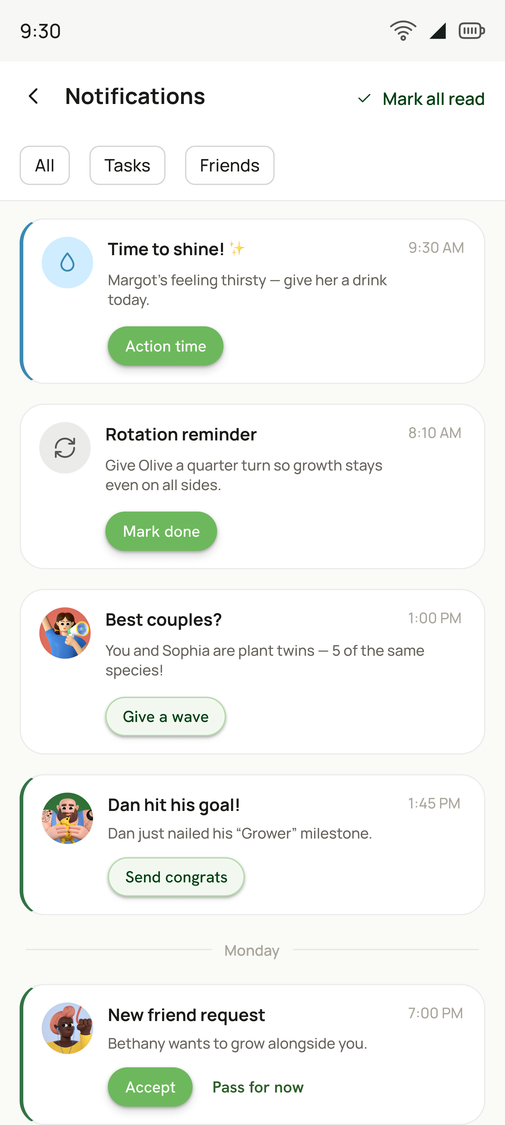 Notifications screen with All, Tasks and Friends filters, and cards for a thirsty plant, a rotation reminder, a plant-twins nudge, a friend milestone and a friend request