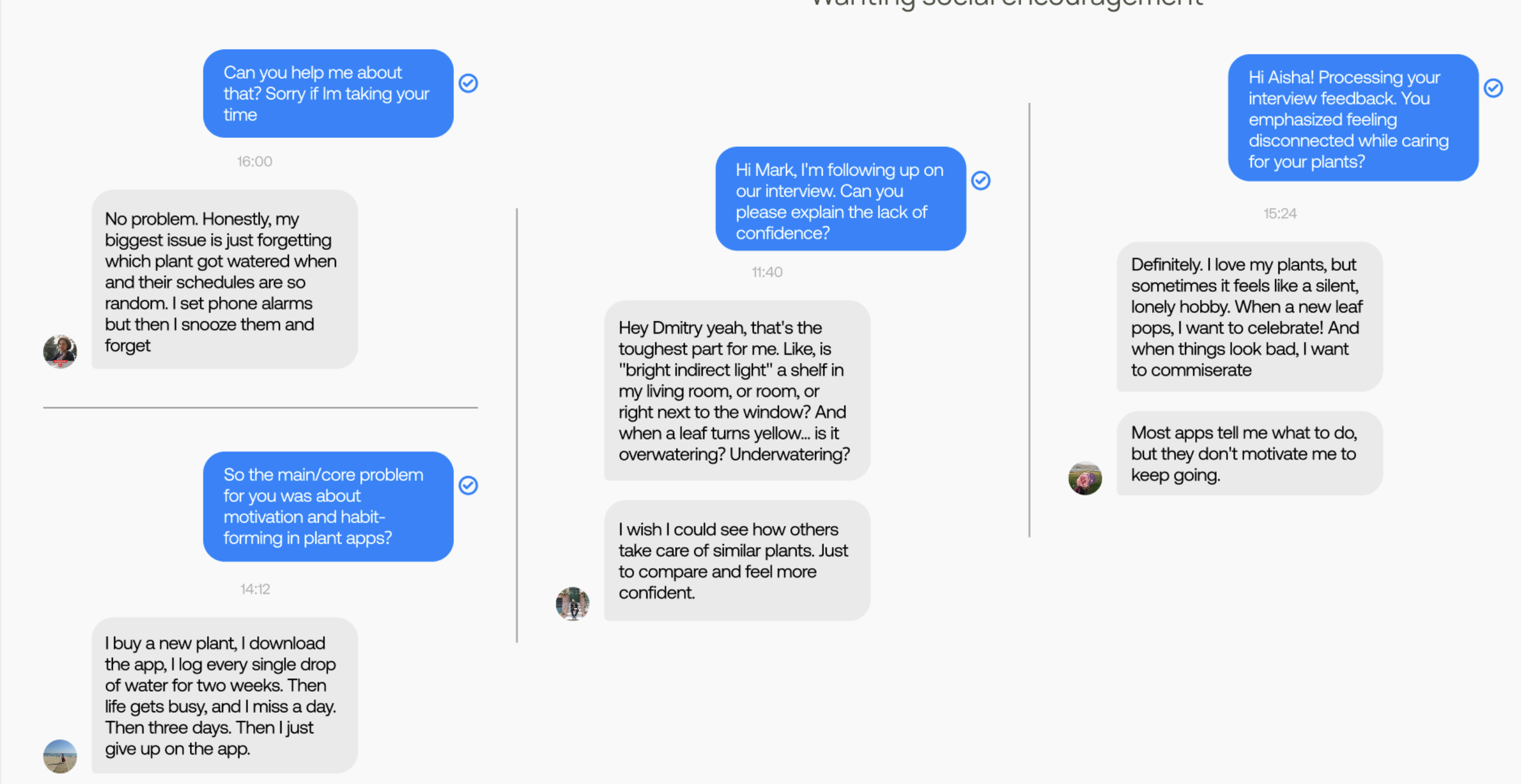 Three columns of Facebook chats with plant owners about forgetting schedules, feeling unsure, and wanting encouragement