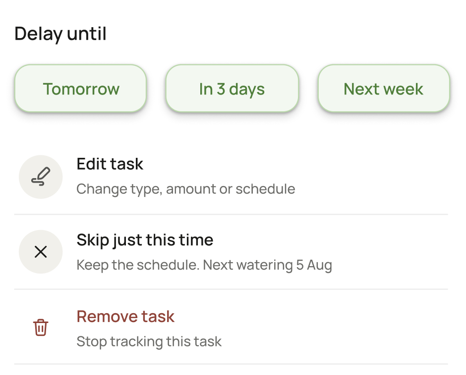 The task options sheet: delay by date, edit, skip just this time with the schedule it keeps, and remove