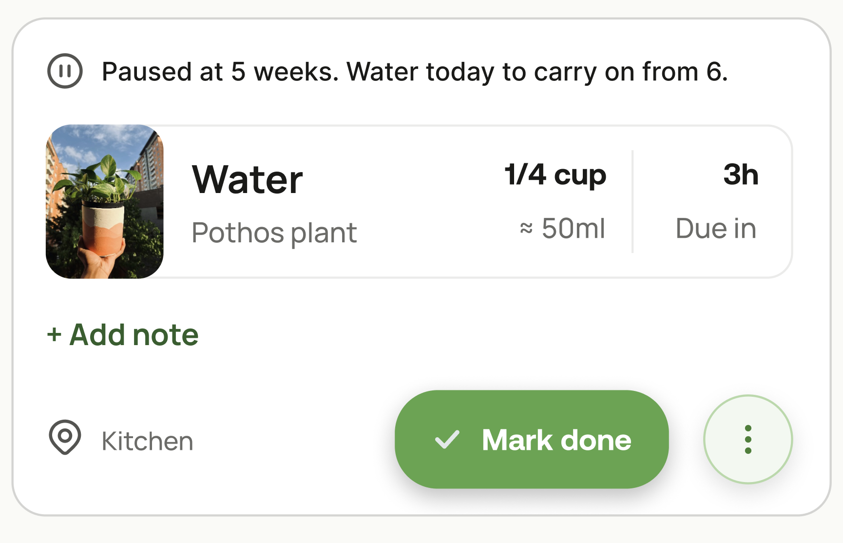 Final task card: Paused at 5 weeks, Water, Pothos plant, 1/4 cup, 3h, Mark done