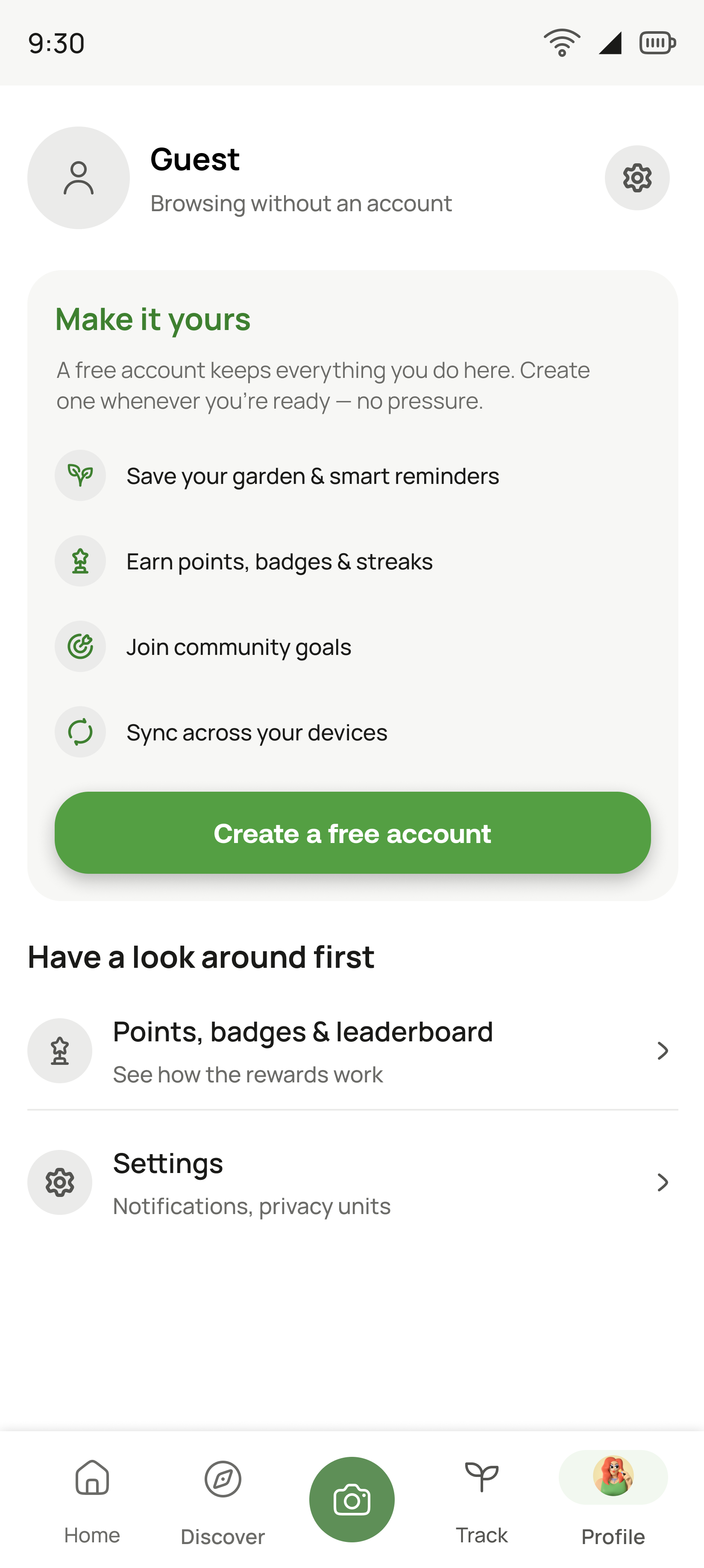 Guest profile: Browsing without an account, a Make it yours card listing four benefits with Create a free account, then a look-around-first list