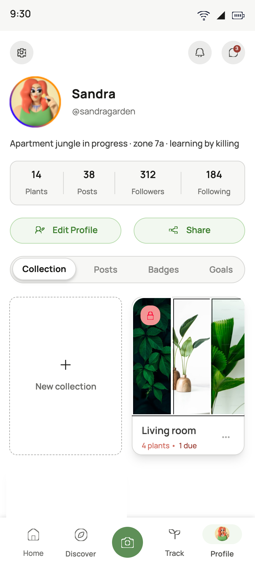 Sandra’s profile: plants, posts and followers counts, then Collection, Posts, Badges and Goals tabs with a Living room collection showing 1 due