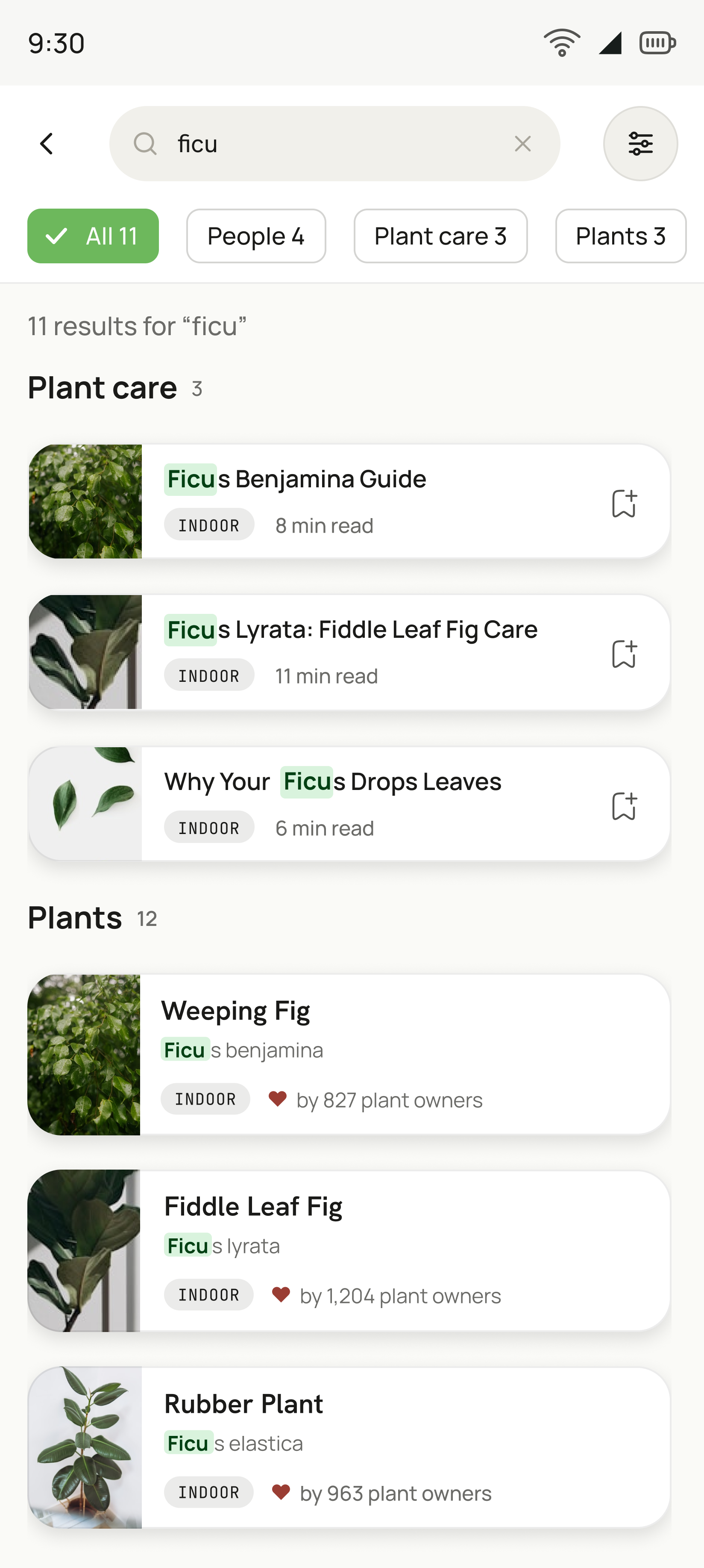 Search results for the partial word ficu in dark theme, grouped into Plant care articles and Plants, with the matched characters highlighted