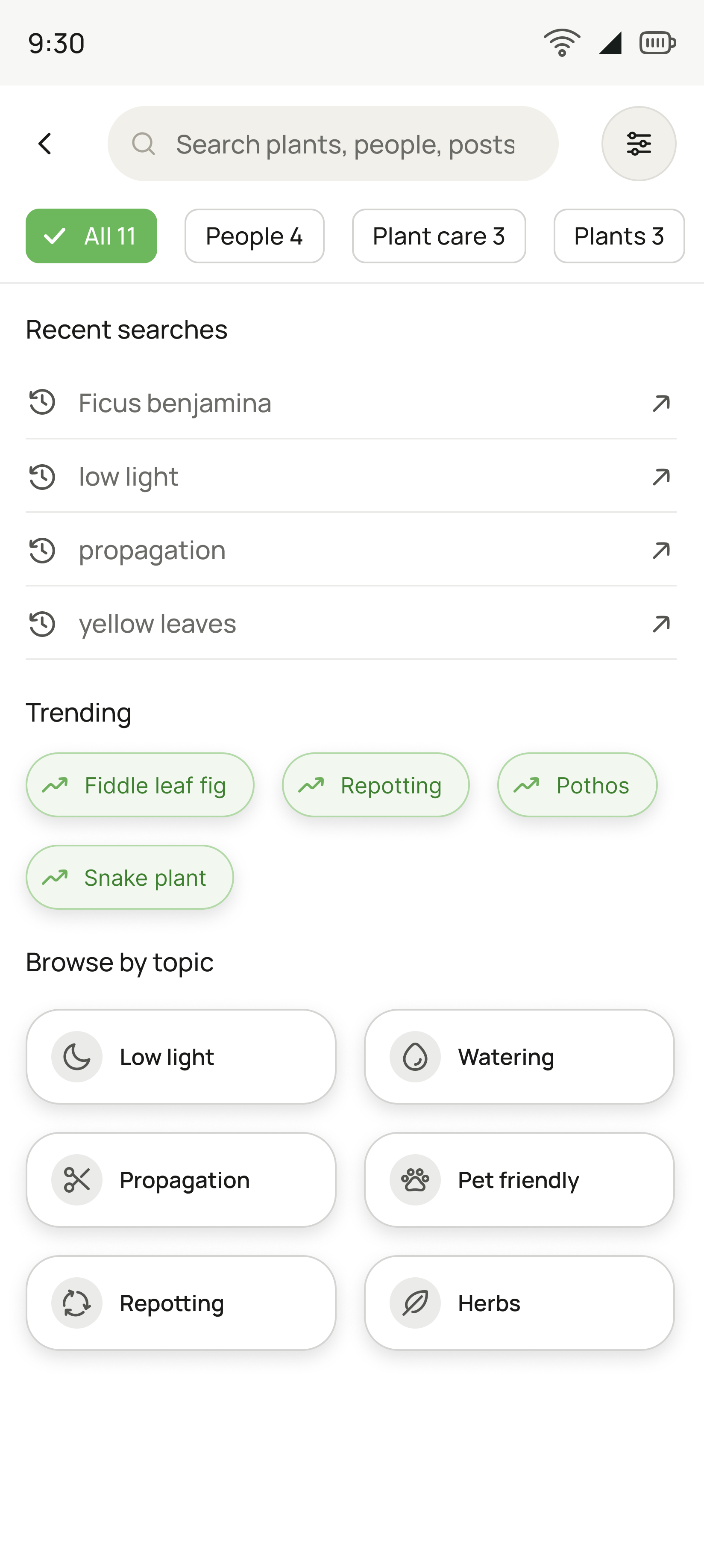 Search screen in dark theme: search field with filters, result-type chips, recent searches, trending tags and browse-by-topic tiles