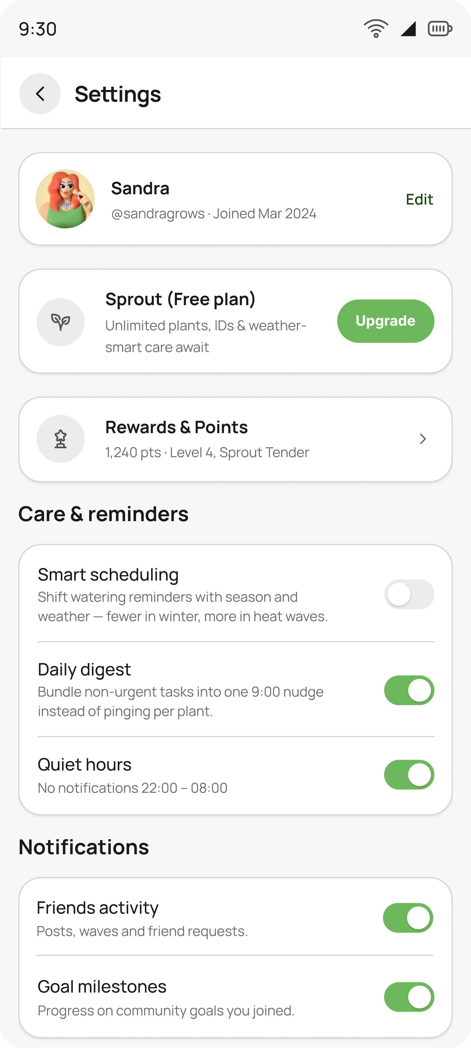 Settings screen with the account row, the Sprout free plan with Upgrade, rewards and points, then care and reminder toggles including smart scheduling, daily digest and quiet hours