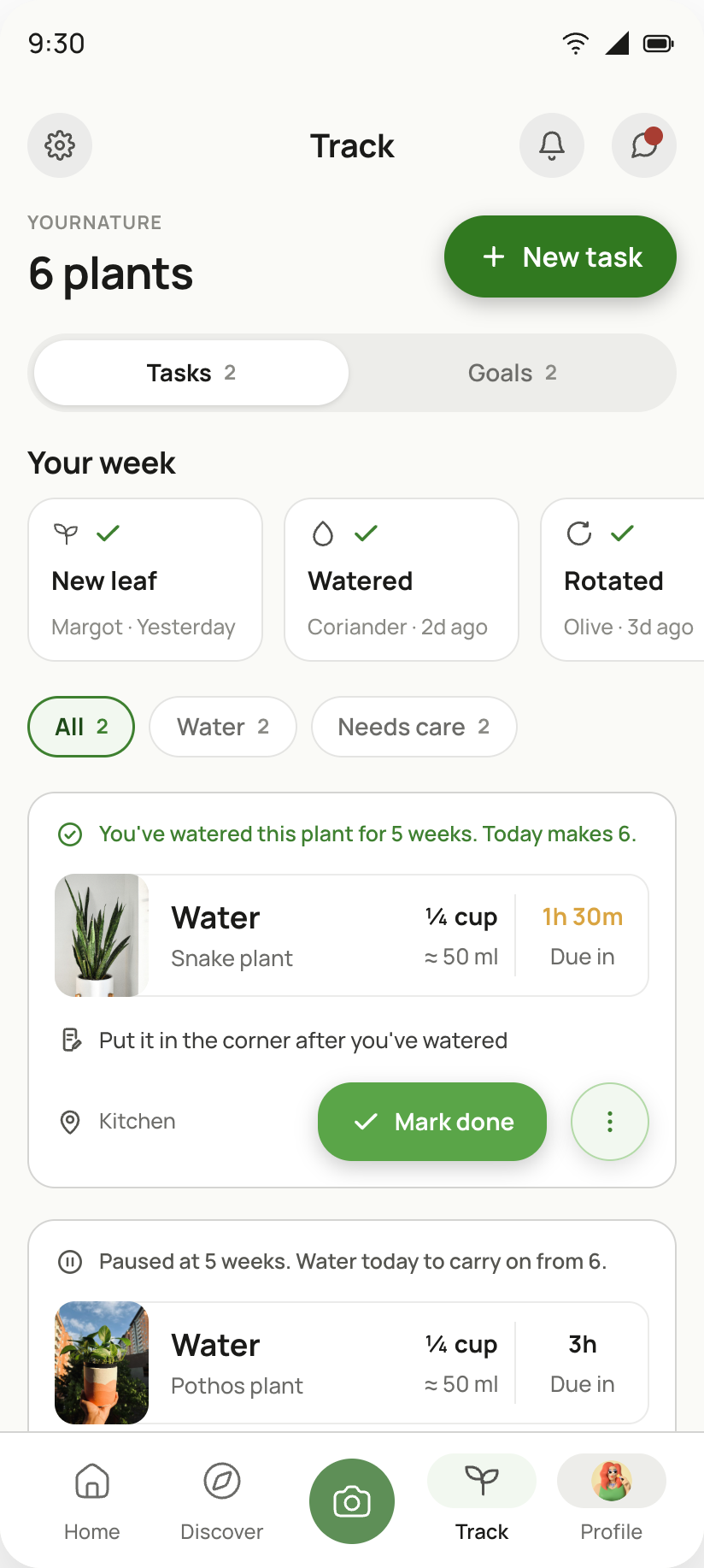 Track tab with six plants: Tasks and Goals tabs, Your week highlights, filter chips and the watering tasks due today